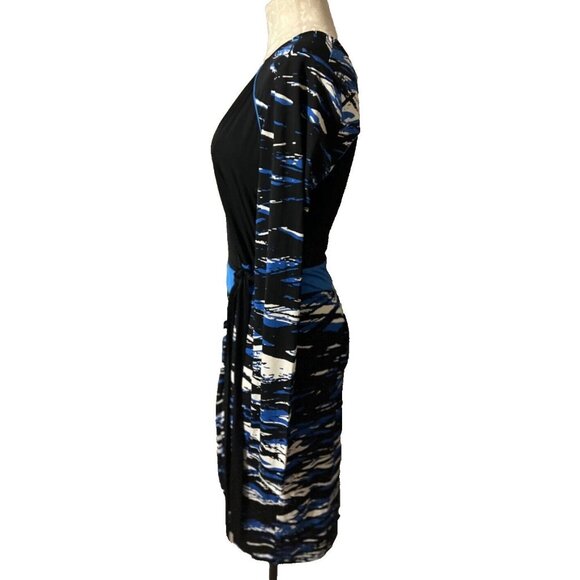 BCBGMaxAzria Dress Blue Black White Dress M Medium Long Sleeve Stretch Wrap - Picture 6 of 10